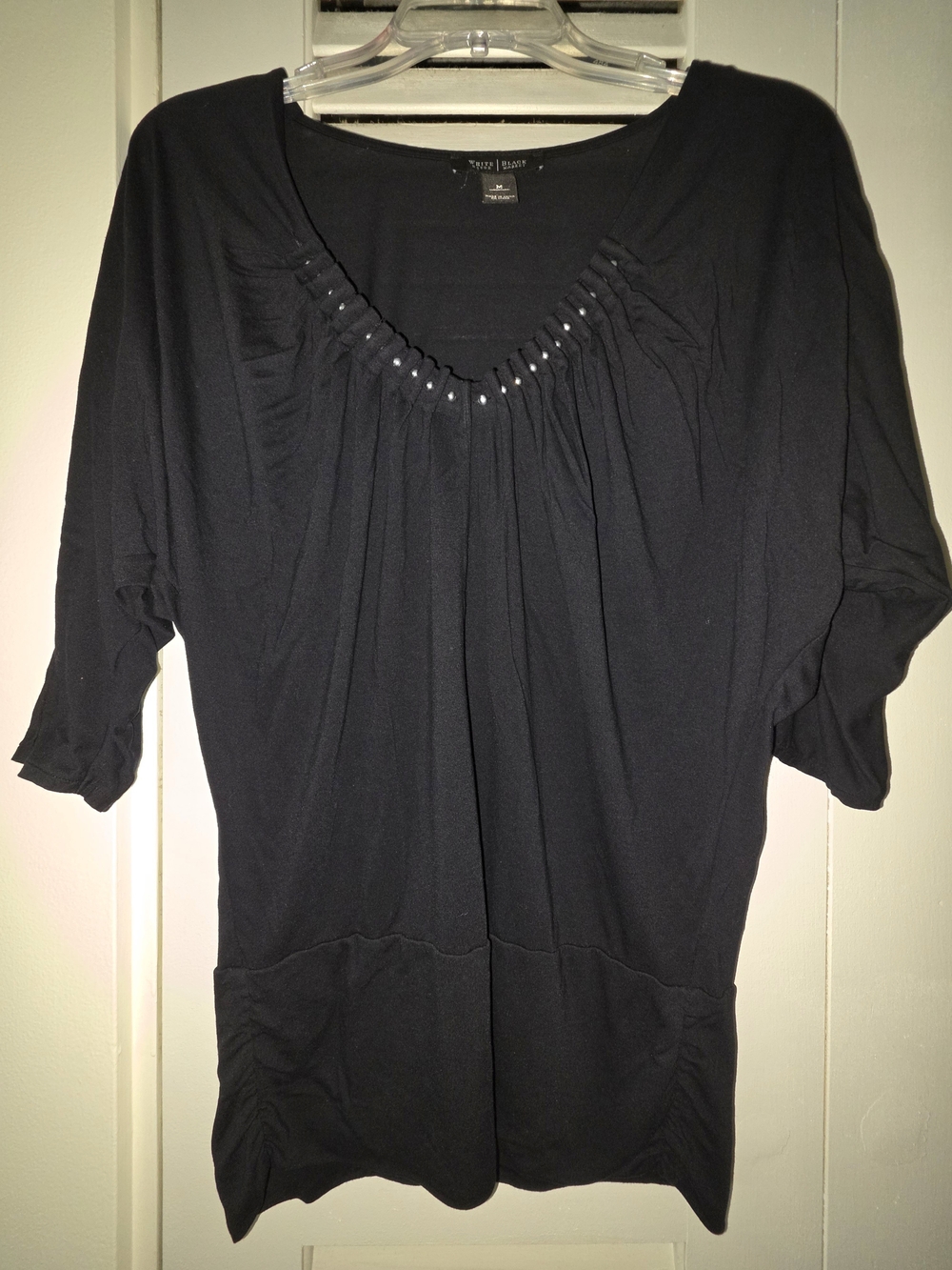 White House Black Market Black Scoop Neck Top with Beaded Trim